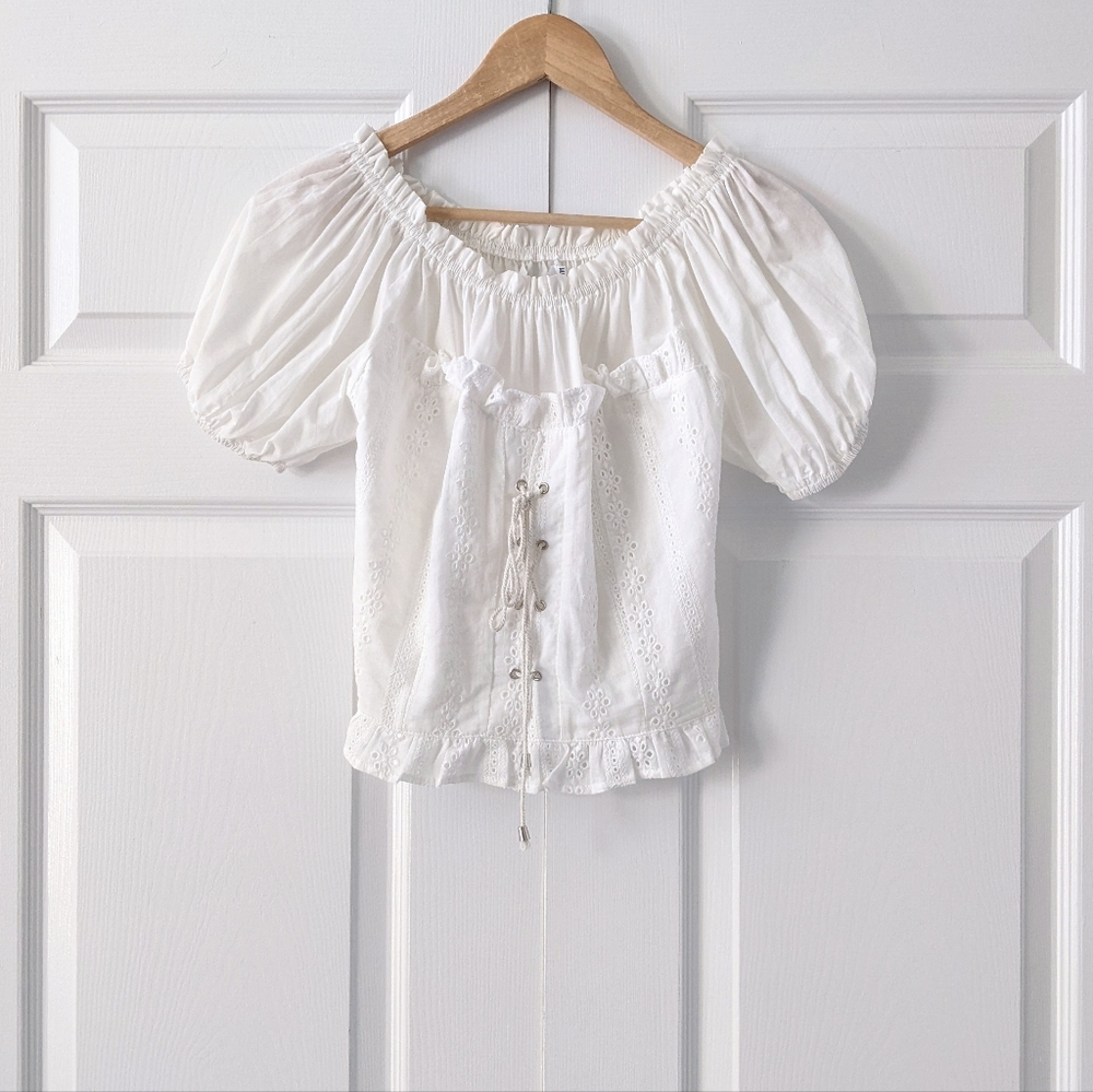 Runway Paris White Eyelet Lace Corset Style Blouse Top | Size S/M